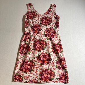 B. Moss Cotton + Linen Blend Sleeveless V Neck Floral Dress, White + Pink Size 8
